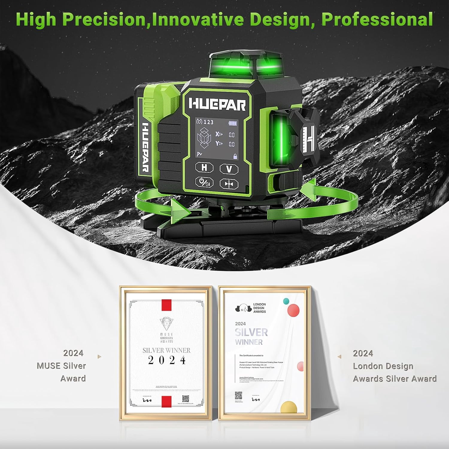 Huepar 4×360°Self-Leveling Laser Level with Backlit LCD Screen Remote Control Outdoor Pulse Mode Laser Tool with Bluetooth