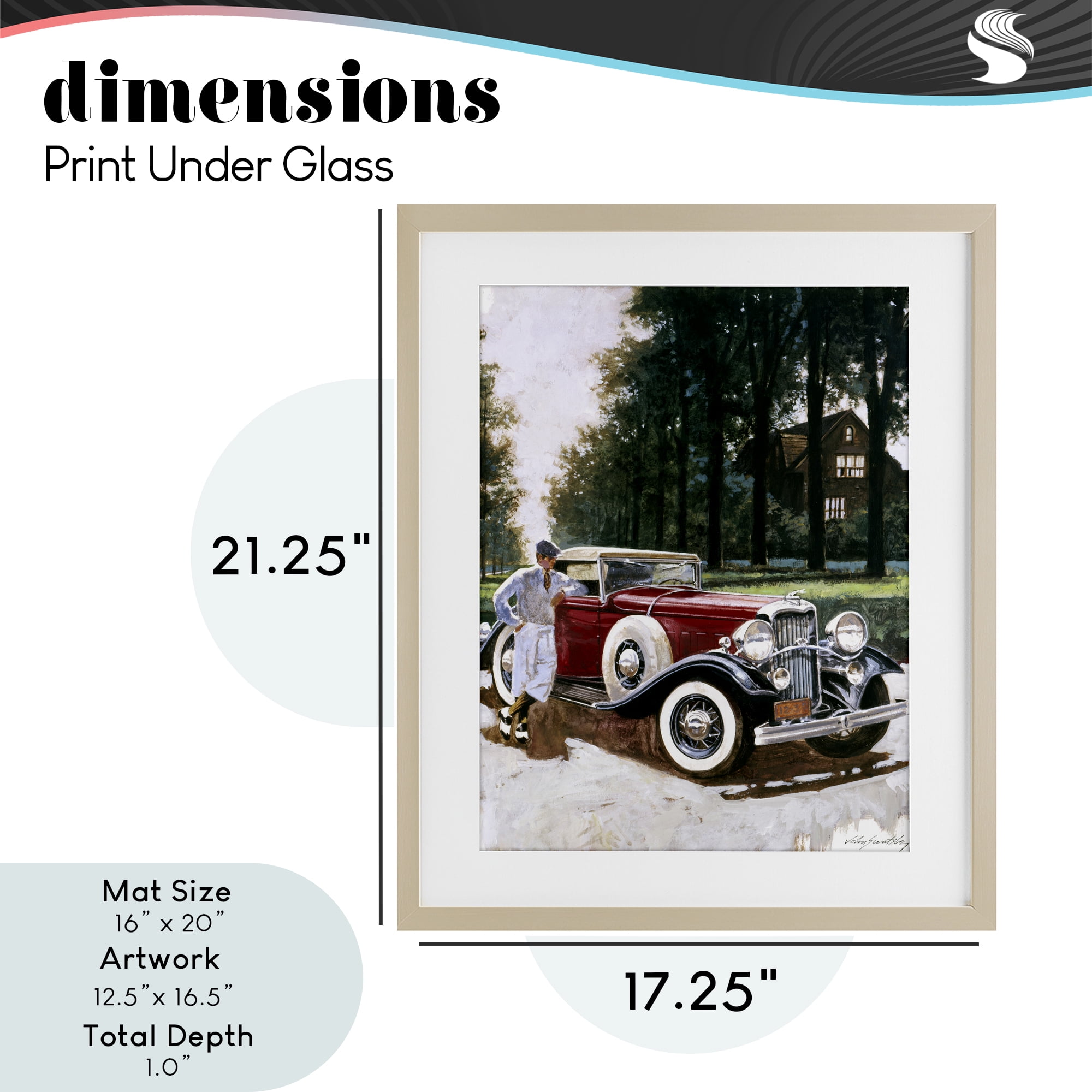 Retro Convertible Coupe & Driver Birch Framed Print Under Glass, design by Wind River Studios