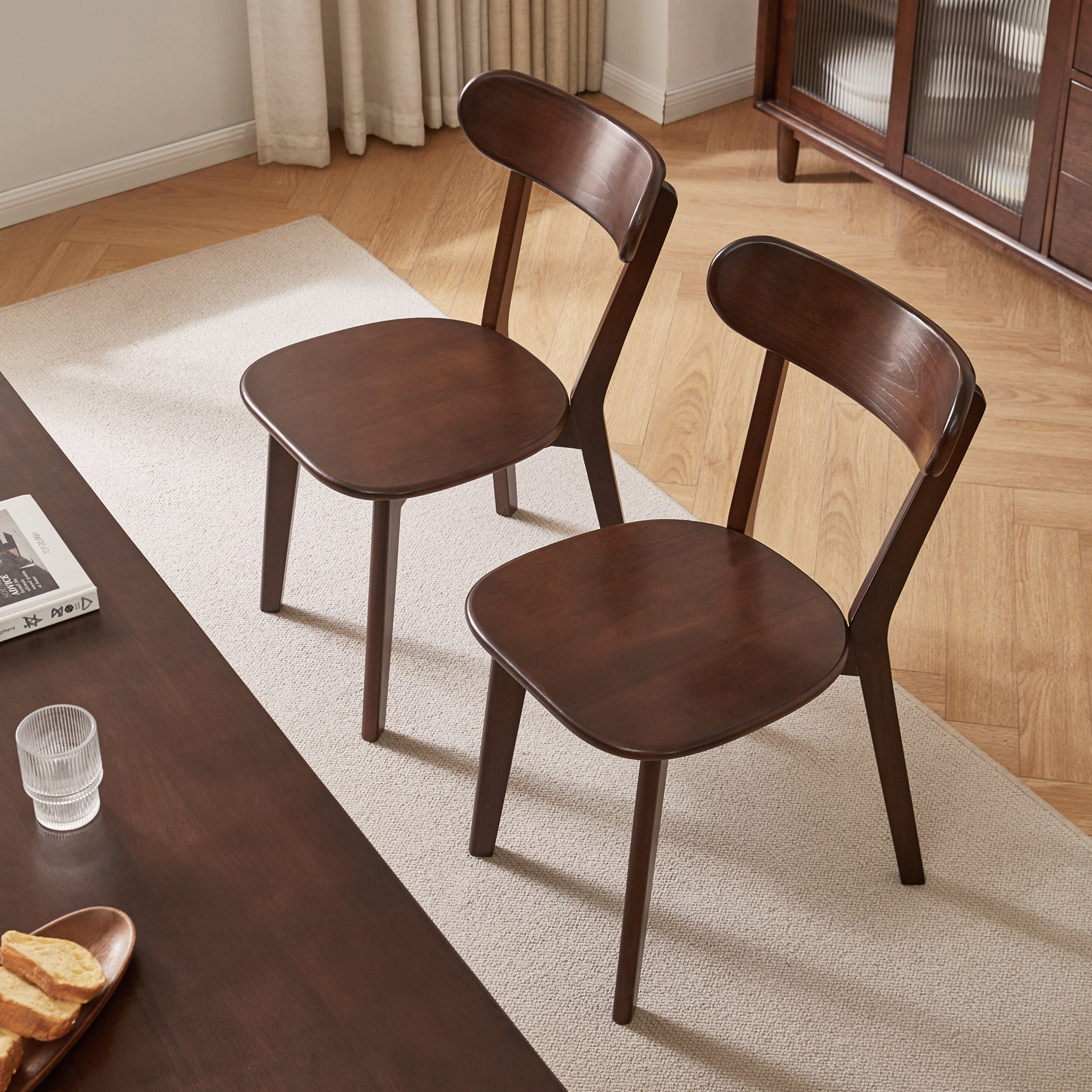 Noble House Set of 2 Solid Rubberwood Dining Chairs, Curved Backrest, Dark Walnut