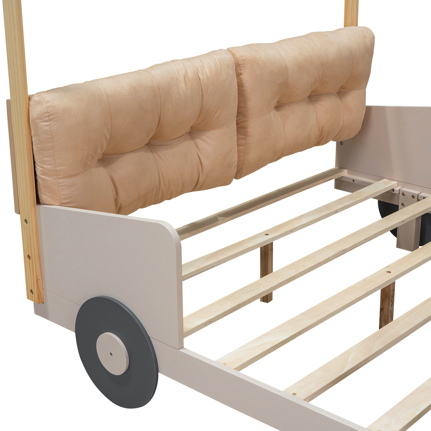 Natural Wood Full Bed With Car Shape Led, Pillow & Magazine Slot Comfort Pillow, Flannel Cloth Led