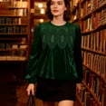 thumbnail image 5 of Outfmvch Women's Velvet Lace Blouse Casual Round Neck Short Sleeve Flared Swing Top Elegant Loose Intricate Back Design Teal Sweater Women Velvet Peplum for Women Elegant Flared Blackish Green 2xl, 5 of 8