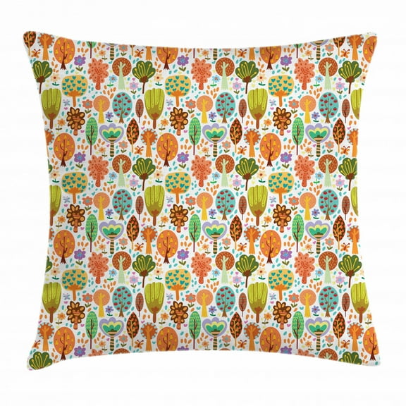 Woodland Throw Pillow Cushion Cover, Doodle Spring Forest Awakening Nature of Trees Flowers and Butterflies in Habitat, Decorative Square Accent Pillow Case, 20 X 20 Inches, Multicolor, by Ambesonne