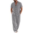 thumbnail image 2 of OIOLOYJM Men 2 Piece Outfit Linen Beach Short Sleeve Button Down Pocket Shirt and Elastic Waist Pajama Pants Casual Relaxed Fit Vacation Sleep Pj Sets Gray XL, 2 of 6