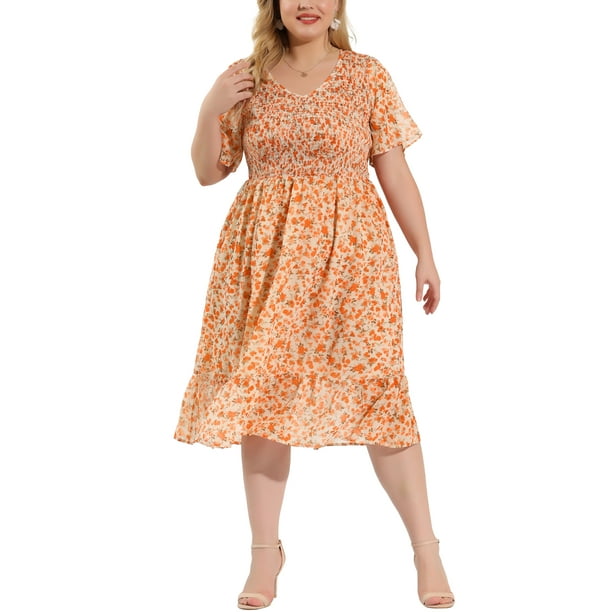 Plus Size Dresses for Women Elegant Floral Midi Flare Dress White 2X