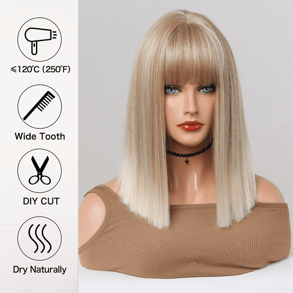 SUCS Long Blonde Wigs for Women Synthetic Hair Wig with Fringe Ombre Color with Dark Roots Layered Wigs Heat Resistant