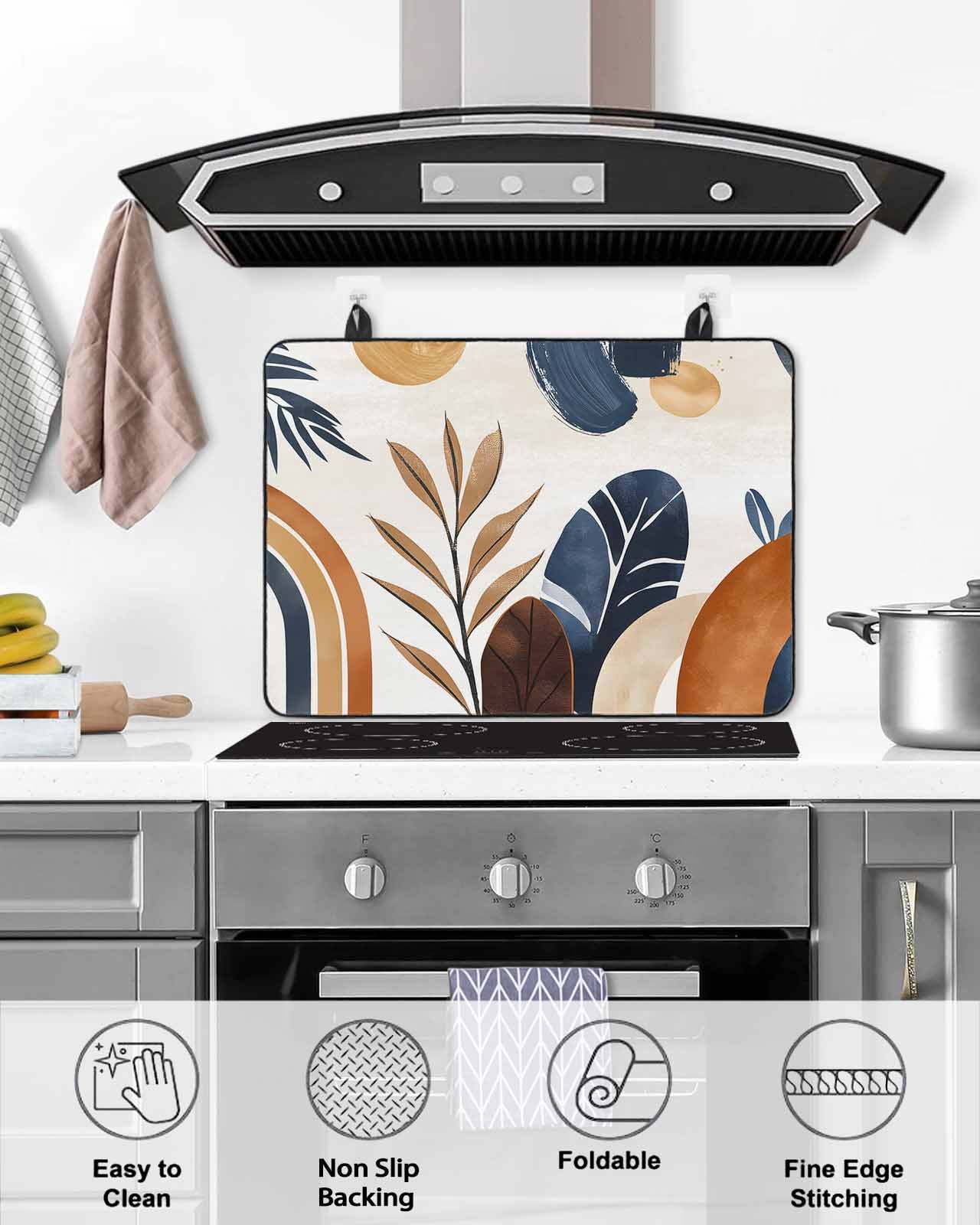 nqOlkjepod Large Induction Cooktop Protector Mat 36"x21", Bohemian Stove Top Covers for Electric Stove, Boho Botanical Palm Leaf Abstract Geometric Stove Burner Cover Mats, Glass Top Stove Cover