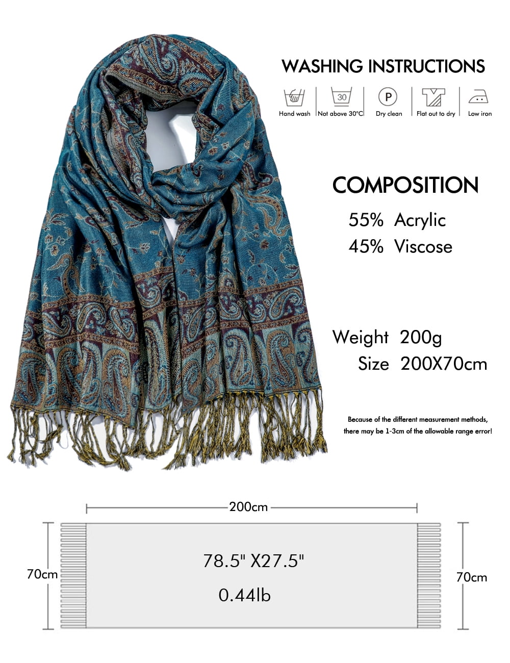 Pashmina Scarf Rave Women Scarves Luxury Paisley Shawl with Fringe Reversible Large Blanket Wrap 78.5" X27.5"(Peacock Blue)