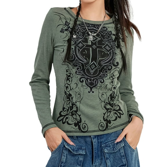 Michellecmm Women's Long Sleeve O Neck Rhinestone Cross Print Casual T-shirt