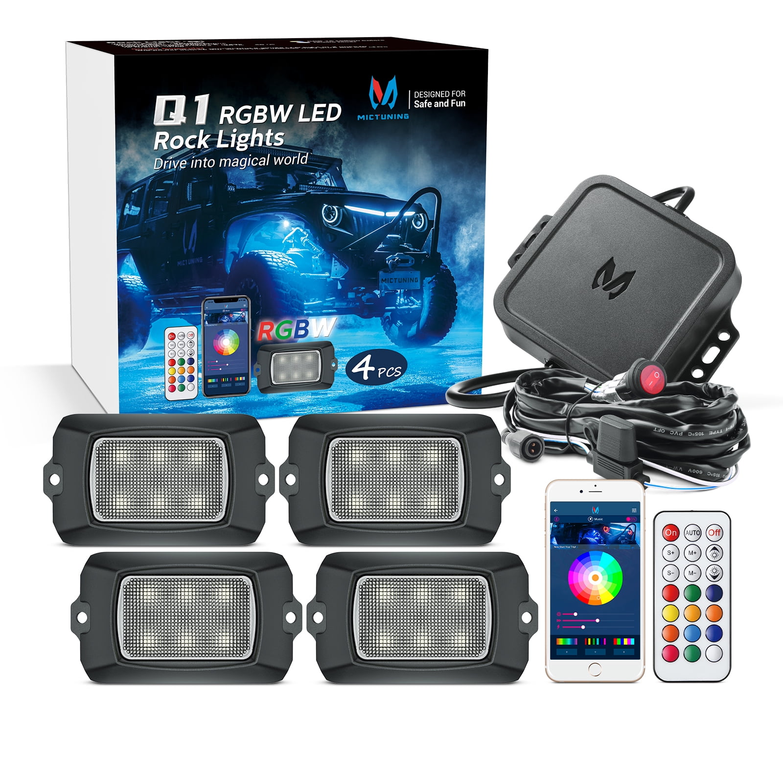 Music Mode 8 Pods Multicolor Underglow Neon Light Waterproof Underbody Lighting Kit with APP Control Remote Control MICTUNING Q1 RGB LED Rock Lights 