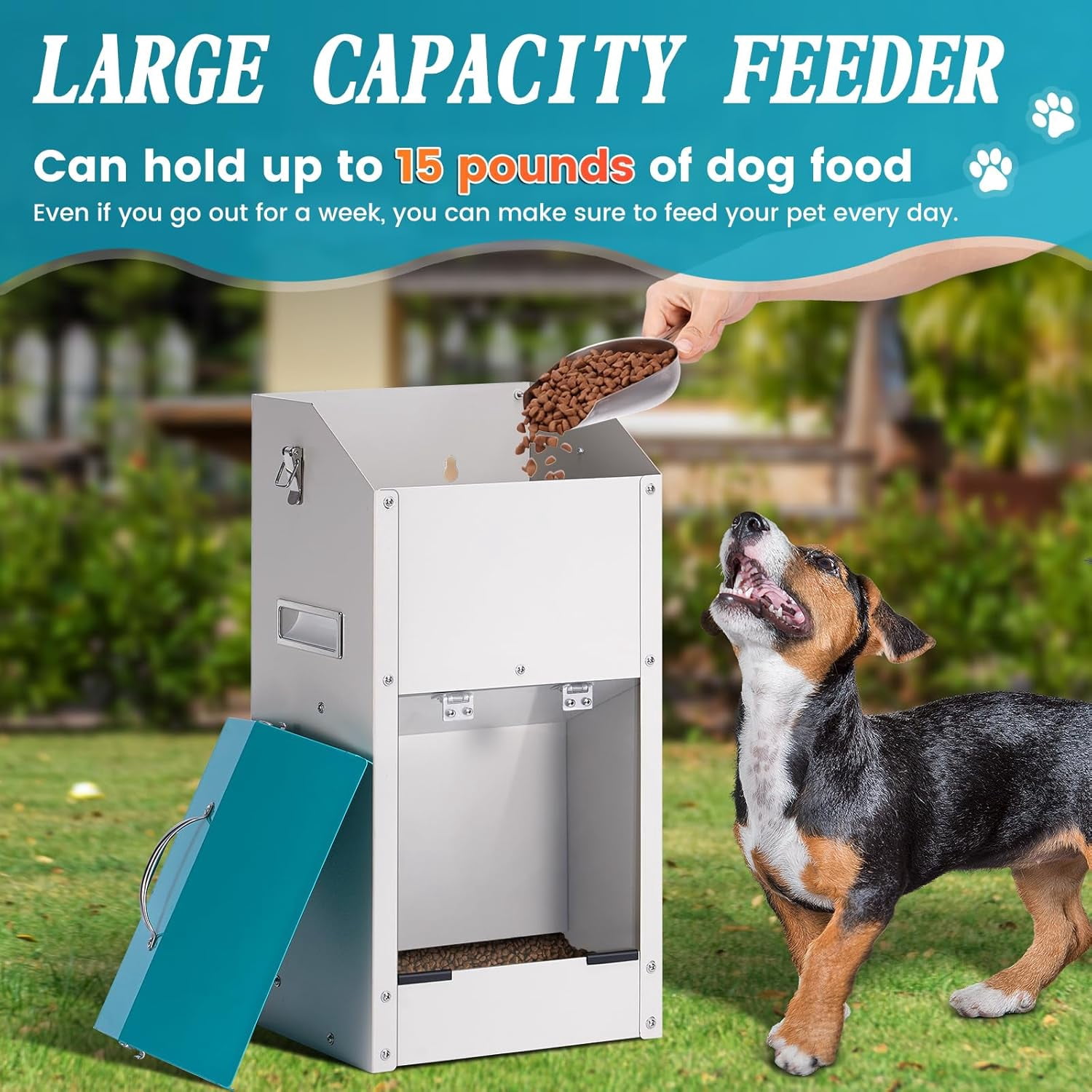 Galvanized Gravity Automatic Dog Feeder with A Stainless Steel Feed Shovel,15 Lbs Indoor and Outdoor Pet Feeder for Small and Medium Sized Dogs (15 lbs)
