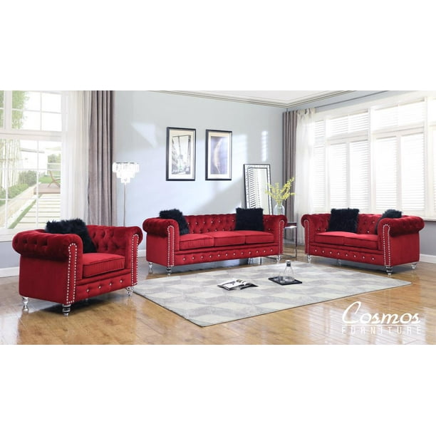 Red Fabric Sofa Set 3pcs W Acrylic Legs, Red Fabric Sofa Chair