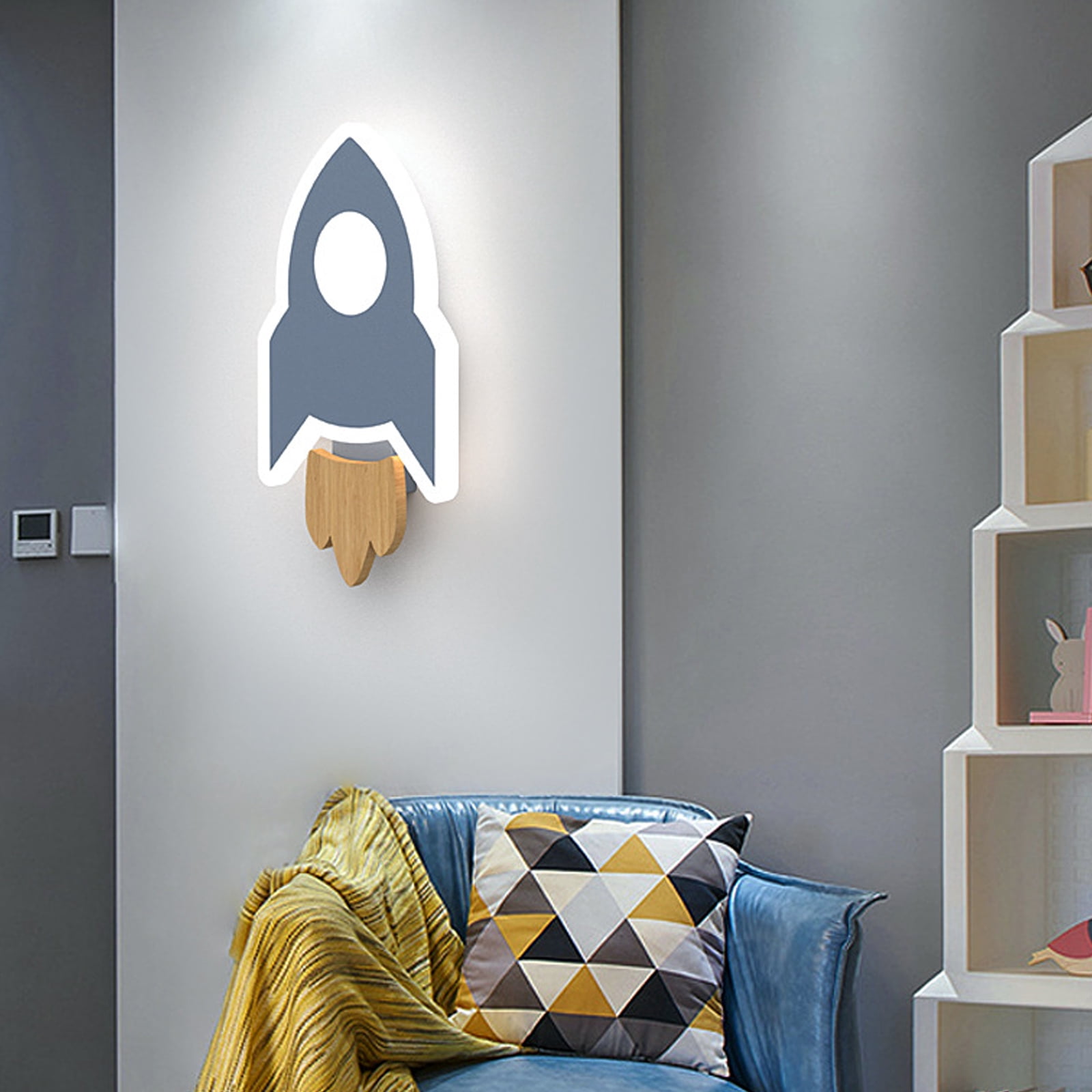 Rocket LED Wall Sconce, Blue with Natural Wood Accent, 3-Color Dimmable, Iron + Acrylic + Wood, Ideal for Children's Room Bedroom