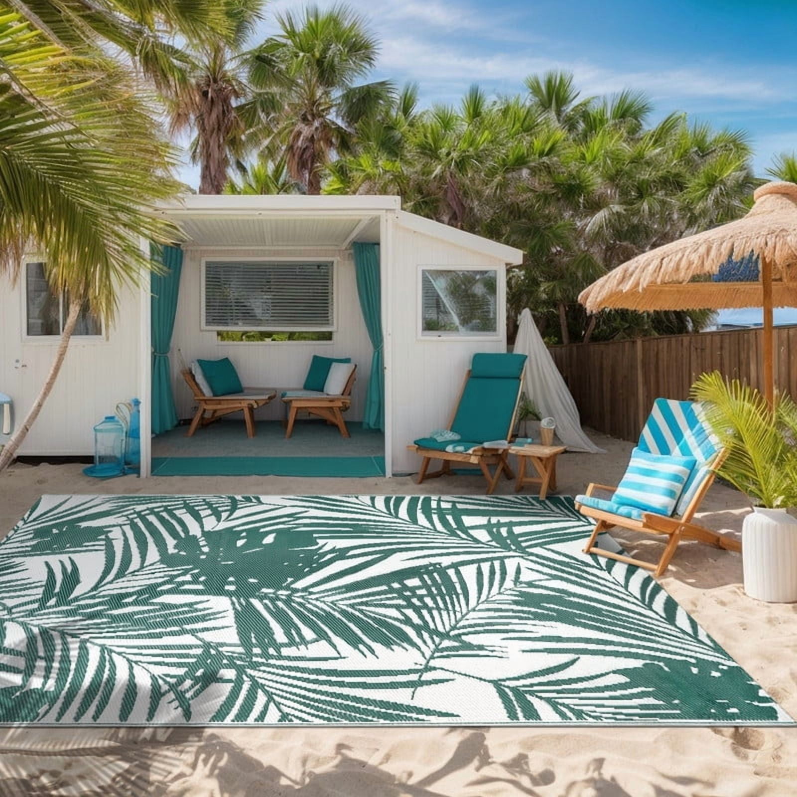 Aonewoe Outdoor Rug 6x9 Waterproof Reversible Plastic Straw Camping Rugs for Outside RV, Indoor Outdoor Area Rugs for Patio,Deck,Porch,Balcony, Green & White