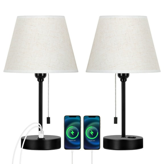 Modern Fabric Lampshade Desk Lamps (Set of 2) - USB Charging Ports, Minimalist Nightstand Lamps for Bedroom & Living Room