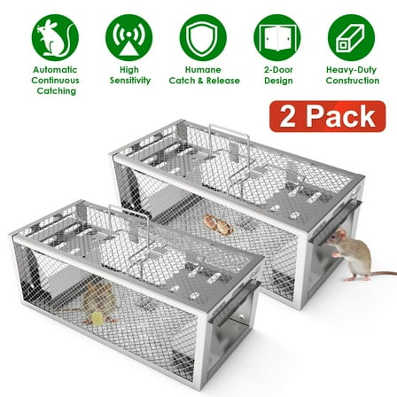 Imountek 2Pcs Humane Rat Trap, 2-Door Automatic Continuous Mouse Trap Cage, Reusable Live Animal Trap for Indoor Outdoor Use