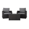 thumbnail image 4 of CorLiving Brisbane 3 Piece Rust Resistant Resin Wicker and Steel Outdoor Conversation Set with 2 Arm Chairs with Cushions and a Glass Topped Coffee Table, Charcoal Grey/Light Grey, 4 of 9