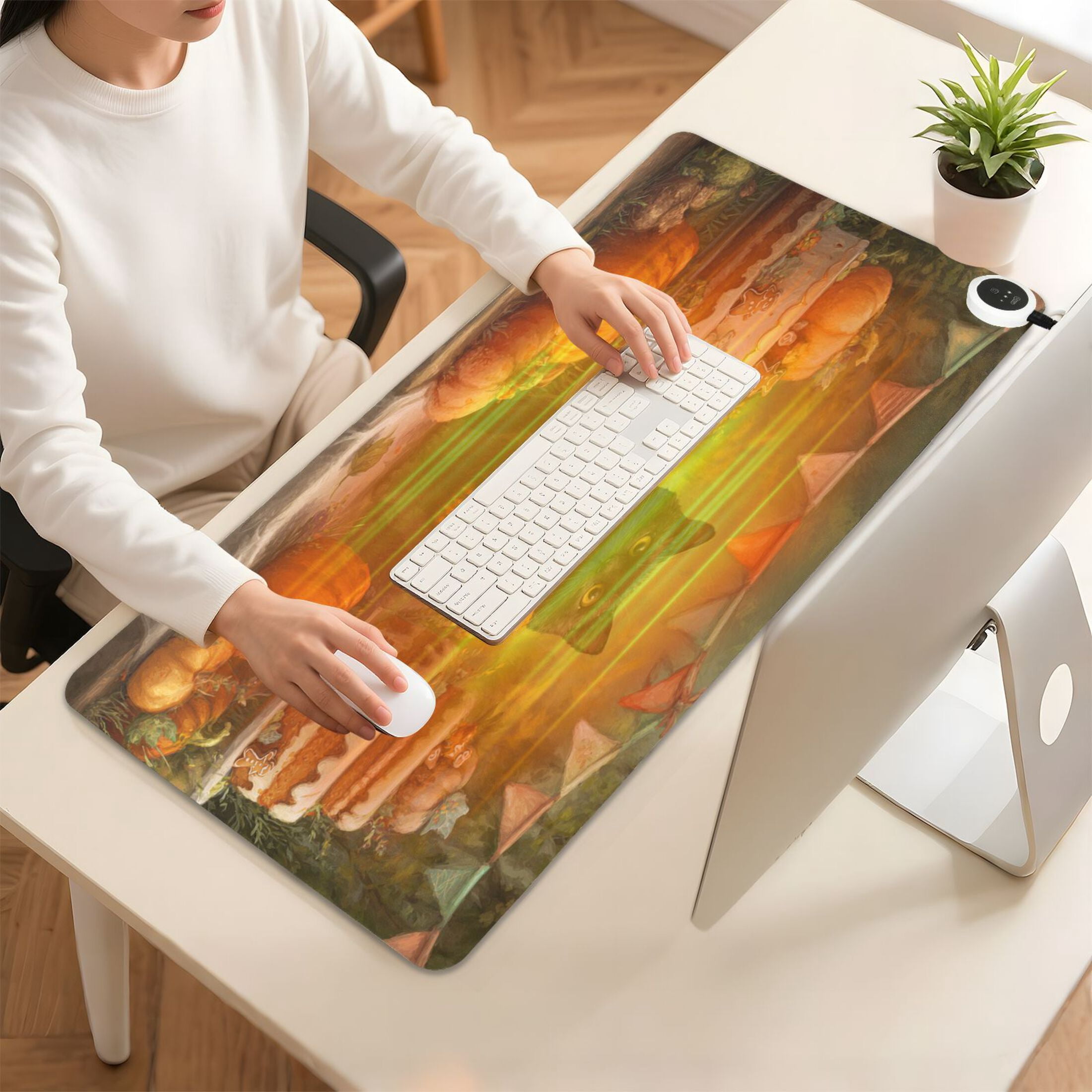 Large Heated Desk Mat Mouse Pad 31.5"x13"PU Leather Graphene Heating Desk Warmer with 3 Temperature Settings 110V US Plug Non-Slip Warm Pad for Home, Office, and Gaming Black Cat Halloween Party