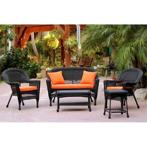 Jeco W00207-G-OT-FS016 5 Piece Black Wicker Conversation Set - Orange Cushions