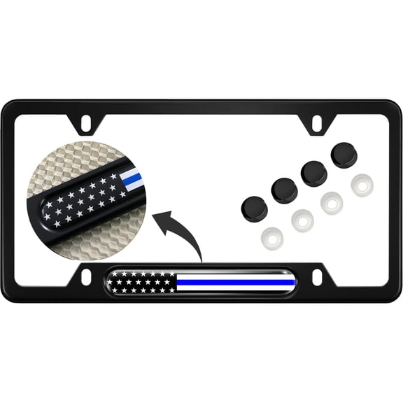 BestLicensePlateFrames USA Patriotic Aluminum License Plate Frame with American Flag Thin Blue Line Insert and Caps, Black