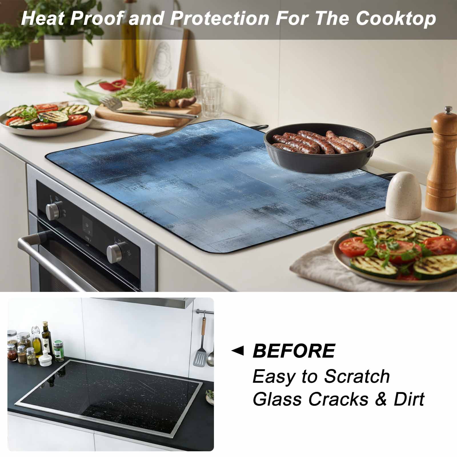 Blue Stove Top Cover for Electric Stove, Heat-proof & Non Slip Glass Top Stove Cover Protector, Vintage Modern Ombre Oil Painted Abstract Art Kitchen Flat Cooktop Rubber Mat 24x21 Inches