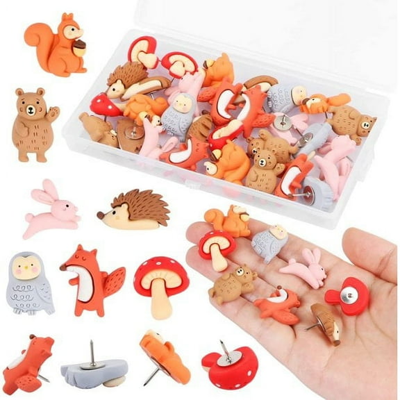 30 Pcs Forest Animals Push Pins, Resin Squirrel Fox Owl Mushroom Push Pins Decorative Animal Thumb Tacks Cork Board Thumbtacks for Bulletin Board Photos Wall Pins Classroom Supplies