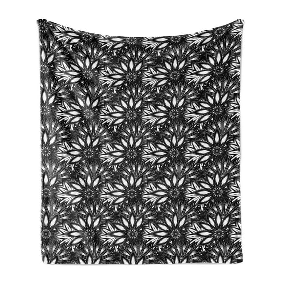 Dahlia Soft Flannel Fleece Blanket, Monochrome Style Blooms Pattern with Sketch Style Campanula Herbs Exotic Leaf, Cozy Plush for Indoor and Outdoor Use, 50" x 60", Black and White, by Ambesonne