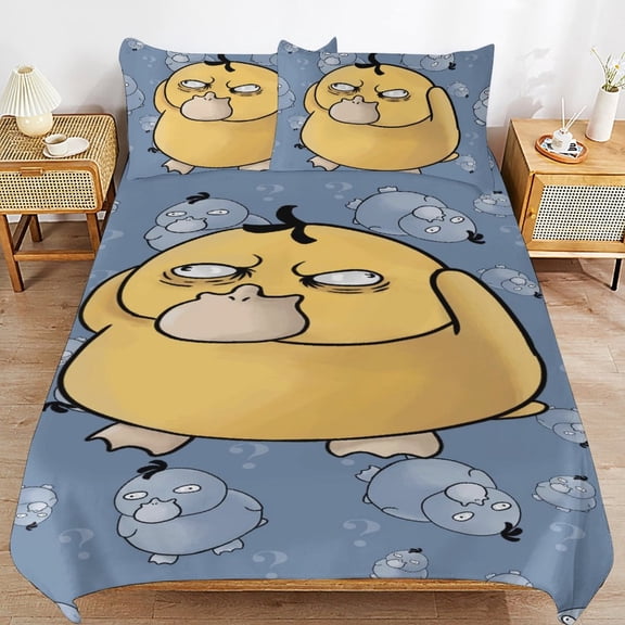 Psyduck Duvet Cover Bedding Set Cartoon Print Soft Quilt Cover 3 Pieces, 1 Comforter Cover & 2 Pillowcases for Kids Teens Boys Girls Room Decor 86"x70"