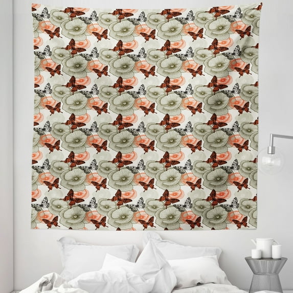 Garden Tapestry, Poppy Blossoms and Butterflies Wildlife Garden Forest Theme Vintage Style, Fabric Wall Hanging Decor for Bedroom Living Room Dorm, 5 Sizes, Orange Black Khaki, by Ambesonne