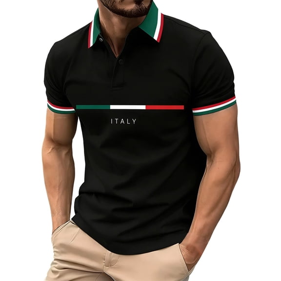 Men's Polo Shirts Men's Short Sleeve Button Front Polo Shirt Italian Flag Print Casual Top Lightweight Breathable Performance Theme Style Black L