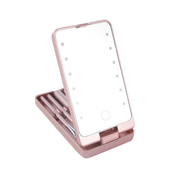 De Maquillaje Con Luz Led Con Pinceles De Maquillaje Caja De Espejo De Maquillaje Plegable De Viaje Espejo Compacto Portátil Yuarrent HA045607-01