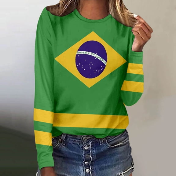 Trendfront Womens Crewneck Tee Brazil National Flag Element Graphic Long Sleeve T Shirts Summer Casual Active Sports Wear Top