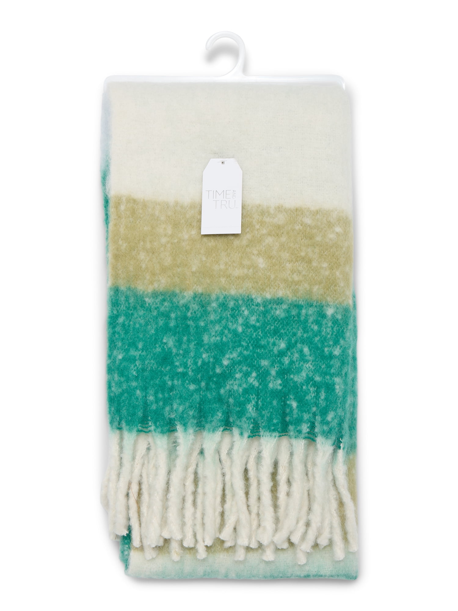 Time and Tru Women's Blanket Scarf with Fringe Accents, One Size, Dark Green Lime, Adult, Solid Pattern