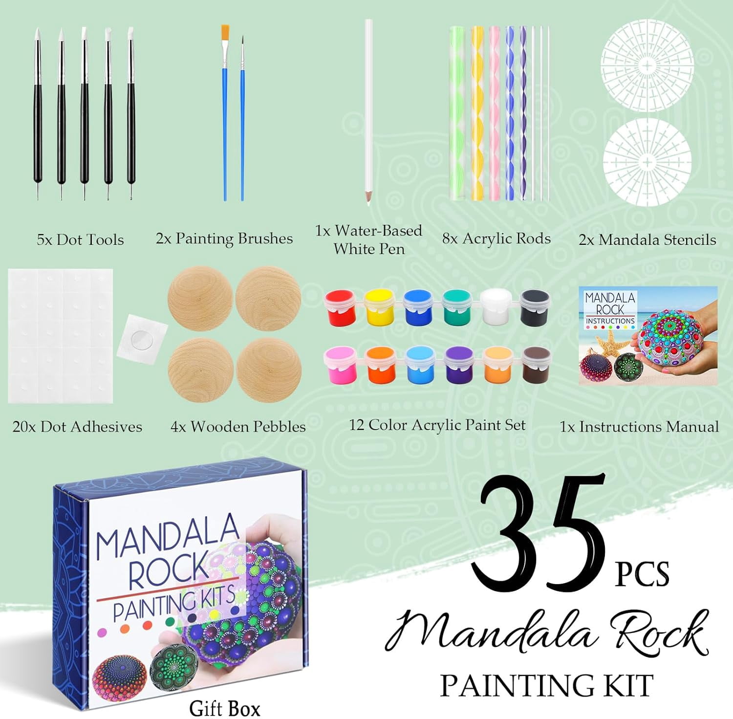 Mandala Rock Painting Arts and Craft Kit for Adults Women - 35 PCS Mandala Dot Art Kit - Large Wooden Rocks with Stencils, Acrylic Paints, Dot Painting Tools - DIY Relaxing and Creative Activity