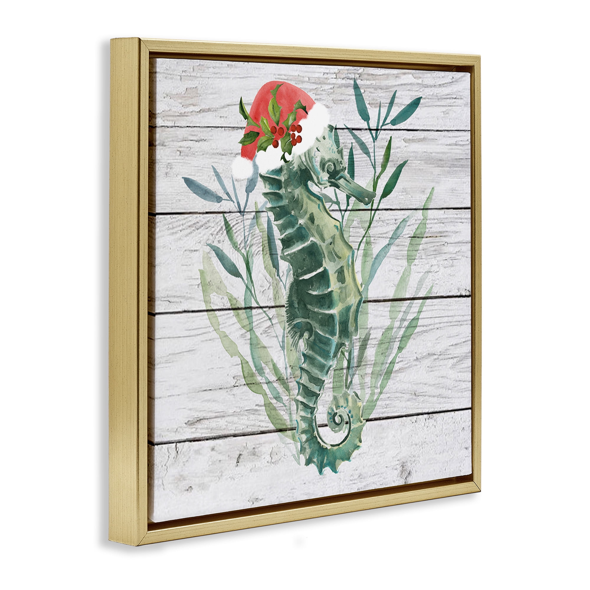 Stupell Industries Christmas Seahorse with Santa Hat Nature Painting Gold Floater Framed Canvas Art Print Wall Art, 25 x 25