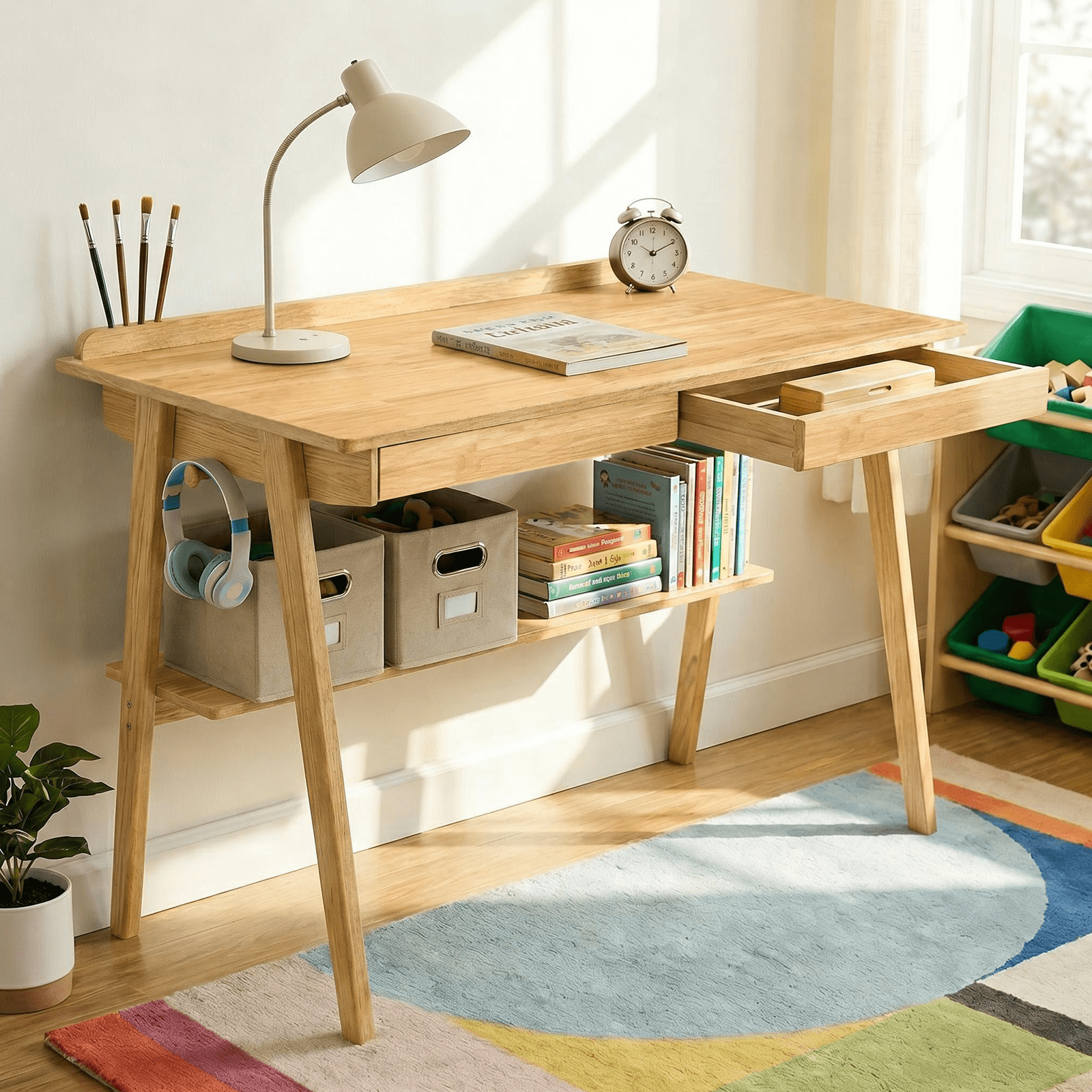Solid Wood Writing Desk, Mid Century Modern Home Office Desk with 2 Drawers, Storage Shelf and Side Hooks, Wooden Study Desk for Bedroom Small Spaces