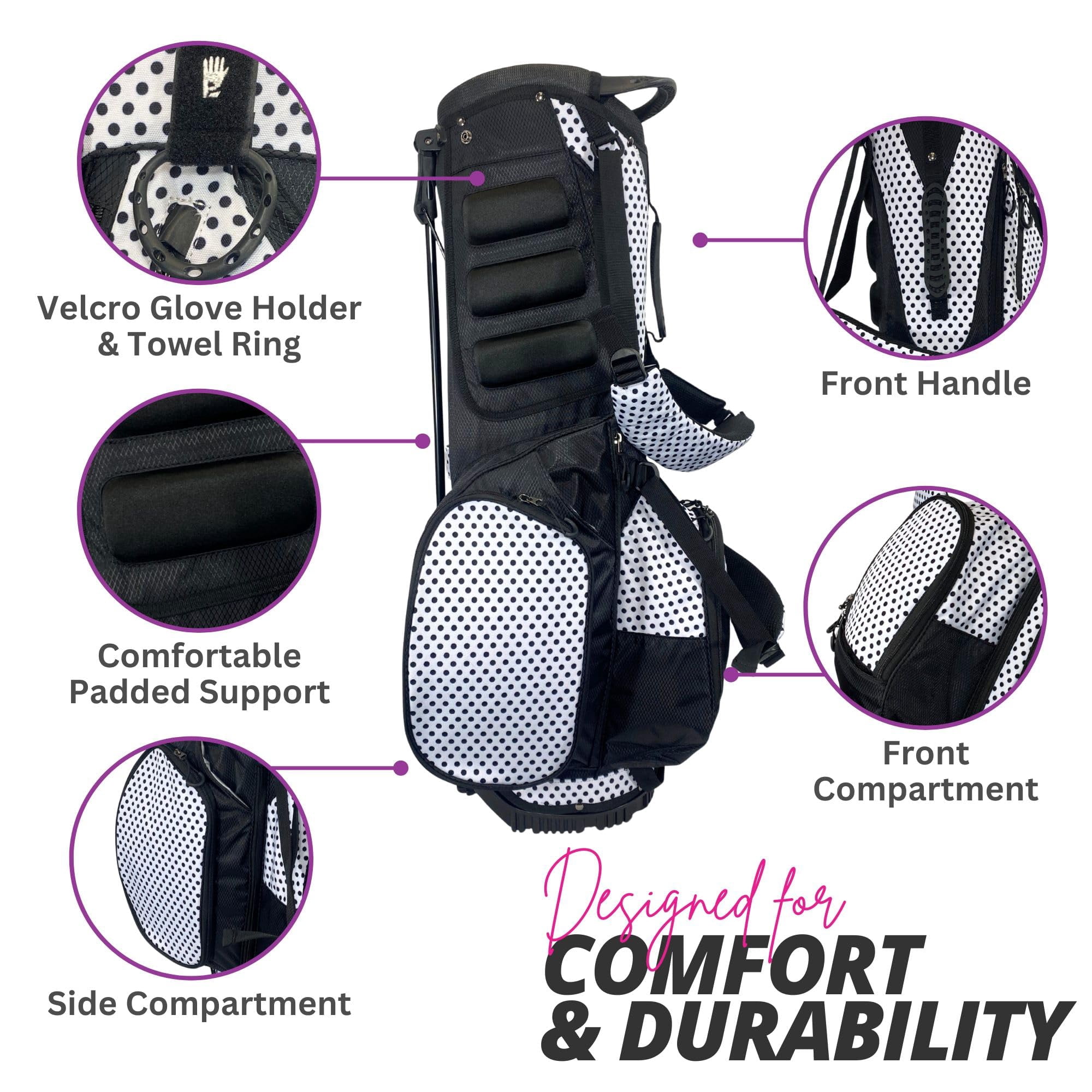 Women's Lightweight 4-Way Women's Golf Stand Bag | Taboo Fashions Stand Bag | Range Bag, Par 3, Executive Course | Self Flexing Stand, Adjustable Strap (Black Tie Polka Dots)