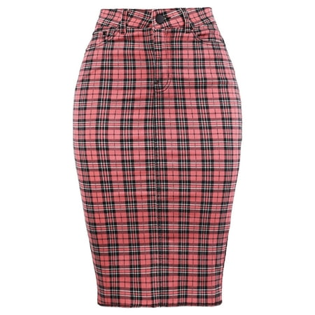 A2Y Women's Slim Fit Rayon Knee Length Back Slit Denim Jean Pencil Skirt Pink Plaid Check M