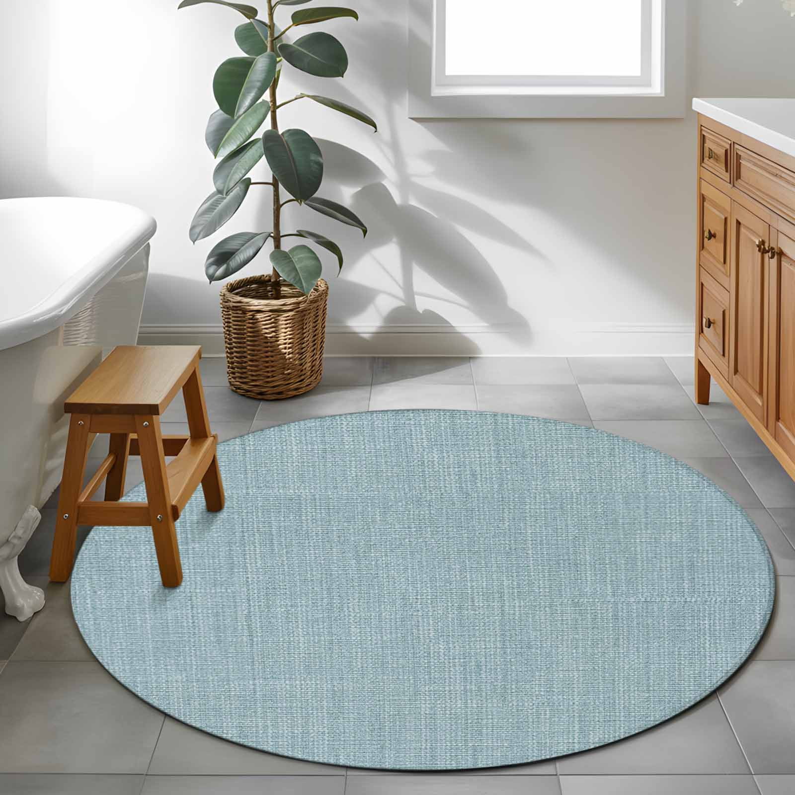 Vintage Haze Blue Round Area Rug 4 FT,Non Slip Indoor Outdoor Rug,Farmhouse Retro Solid Color Linen Texture Washable Soft Circular Carpet Floor Mat for Coffee Table Nursery Foyer Balcony