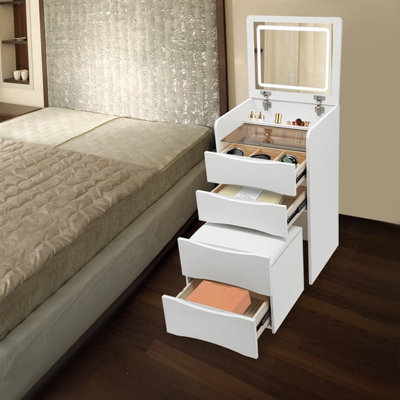 Lighted Vanity Desk with Makeup Stool, 18.9in Compact White Design, Flip Top Mirror, 3 Drawers, 220lbs Capacity, for Small Spaces