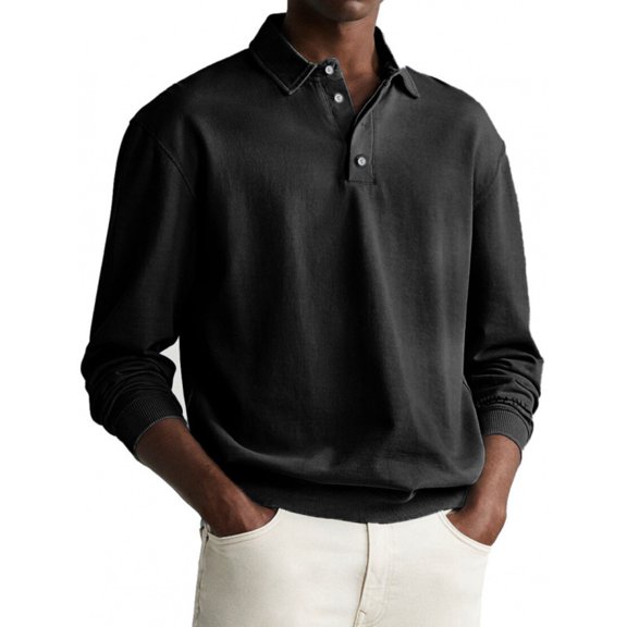 Mens Polo Sweater Long Sleeve Shirt Button Down Knit Pullover Relaxed Fit Collared Casual Tops Black L