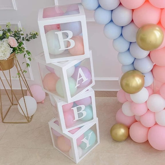 ZHANGHENG Baby Shower Boxes Party Decorations – 4 pcs Transparent Balloon Boxes Décor with Letters Baby Blocks Design for Baby Shower Gender Reveal Backdrop