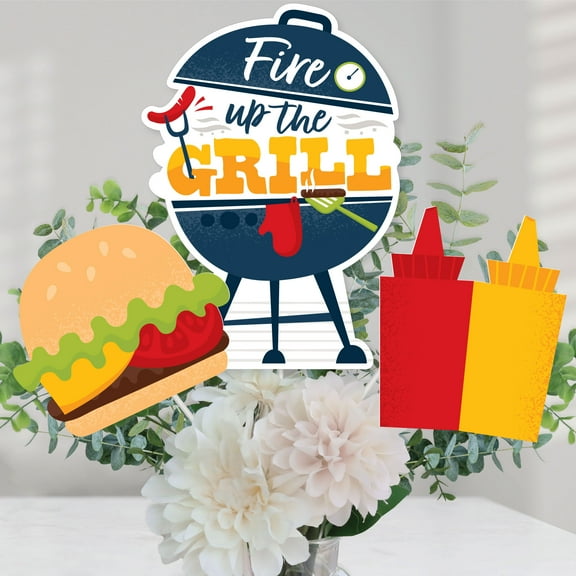 Big Dot of Happiness Fire Up the Grill - Summer BBQ Picnic Party Centerpiece Sticks - Table Toppers - Set of 15