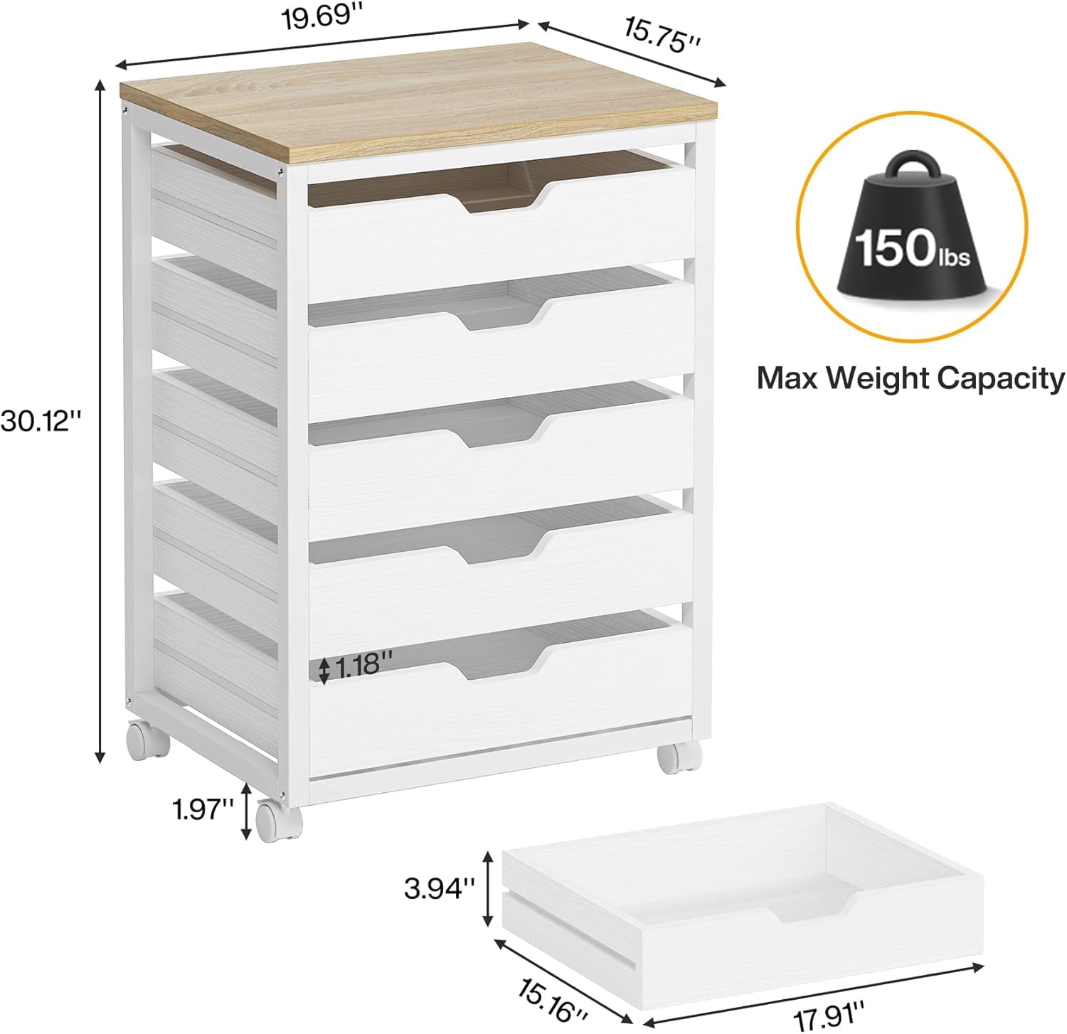 PurelyGoods 5-Drawer File Cabinet, Wood Mobile Storage Drawer Unit, Modern Office Cabinet with Drawers & Wheels, Rolling Printer Stand for Home Office (White)