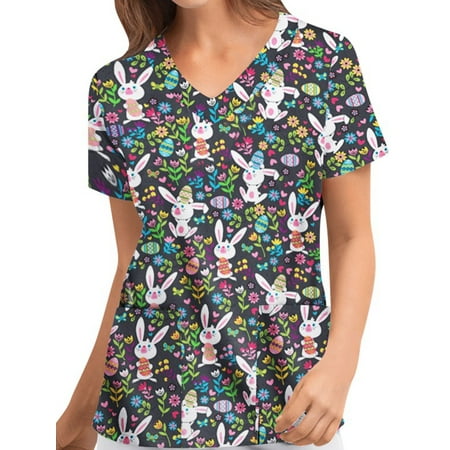 

Bebiullo Easter Scrub Tops for Women Eggs Bunny Print V Neck Short Sleeve Medical Scrub Shirts Top Working Uniform Wear with Pockets Black XXL