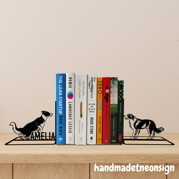 Handmadetneonsign Custom Border Collie Metal Bookends, Pet Dog Name Bookend, Bookends For Shelves 69415