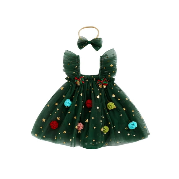Spewahor Infant Baby Girls Christmas Rompers Dress 0 3 6 9 12 18 Months Bobbles Bells Decor Mesh Skirts Hem Sleeveless Bodysuits with Headband
