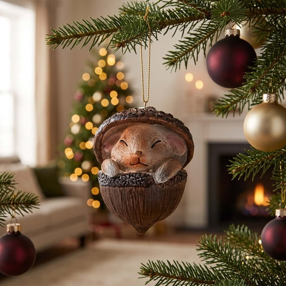 3D Dormouse Christmas Ornaments 3", Woodland Animal Resin Acorn Figurine for Tree, 1 Pack