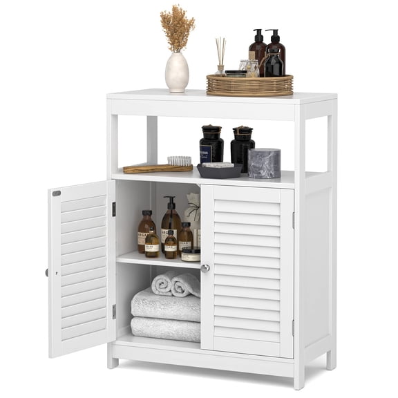 Bathroom Storage Cabinet, Freestanding Floor Cabinet w/Double Shutter Doors & 3-Position Adjustable Shelves, Wooden Bathroom Organizer for Living Room (White)