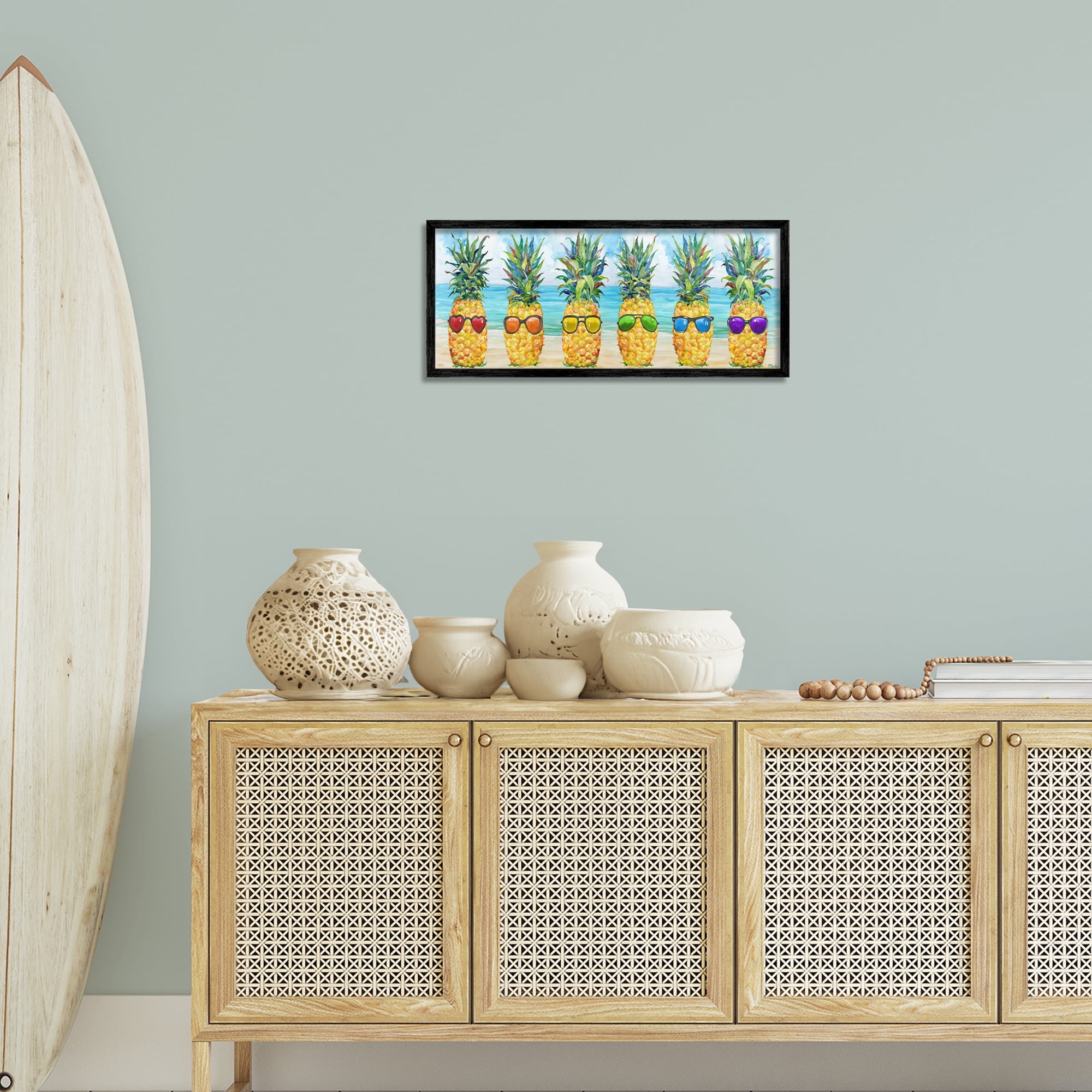 Stupell Industries Rainbow Beach Pineapples Food & Beverage Painting Black Framed Art Print Wall Art, 24 x 10