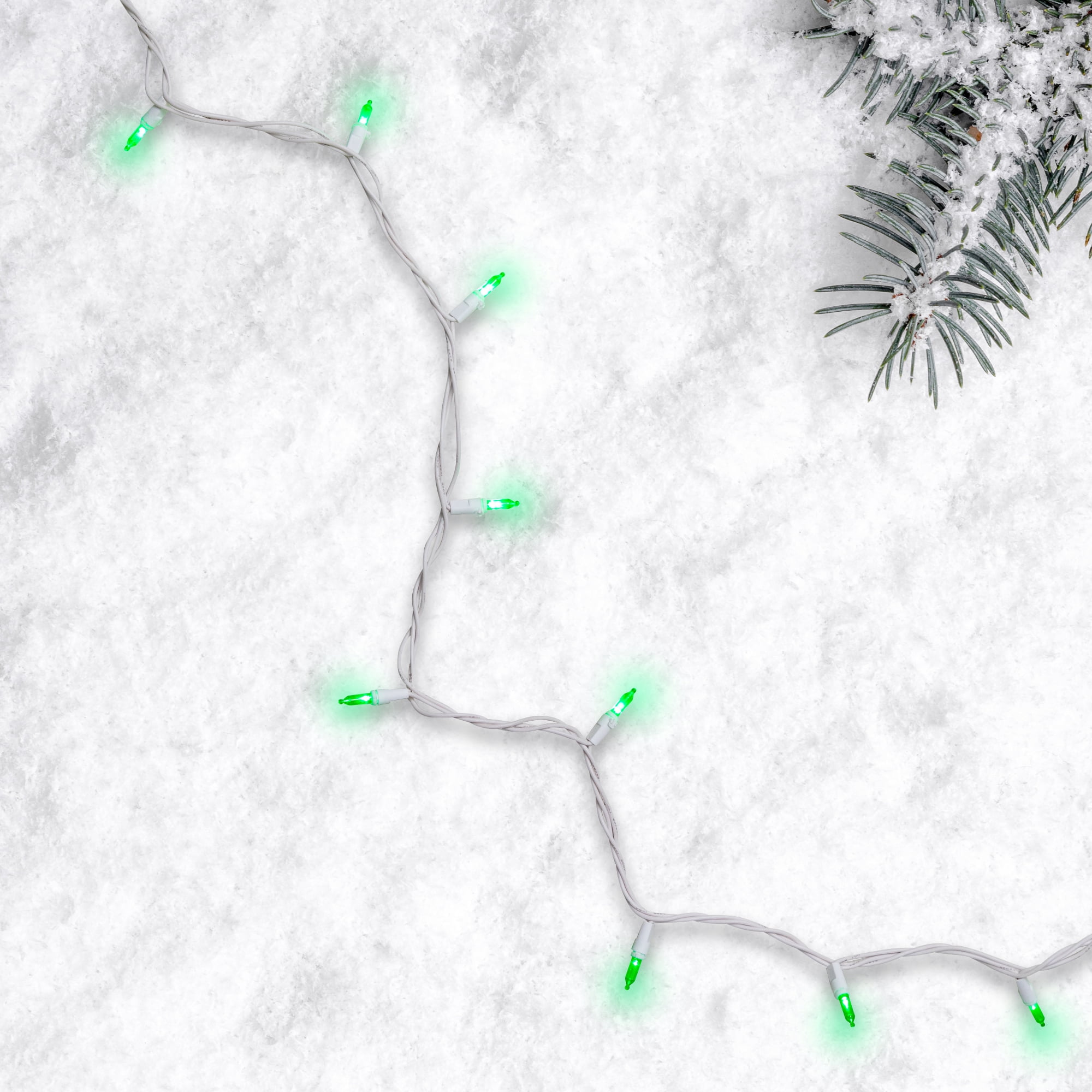 Set of 50 Green LED Mini Christmas Lights 4" Spacing - White Wire